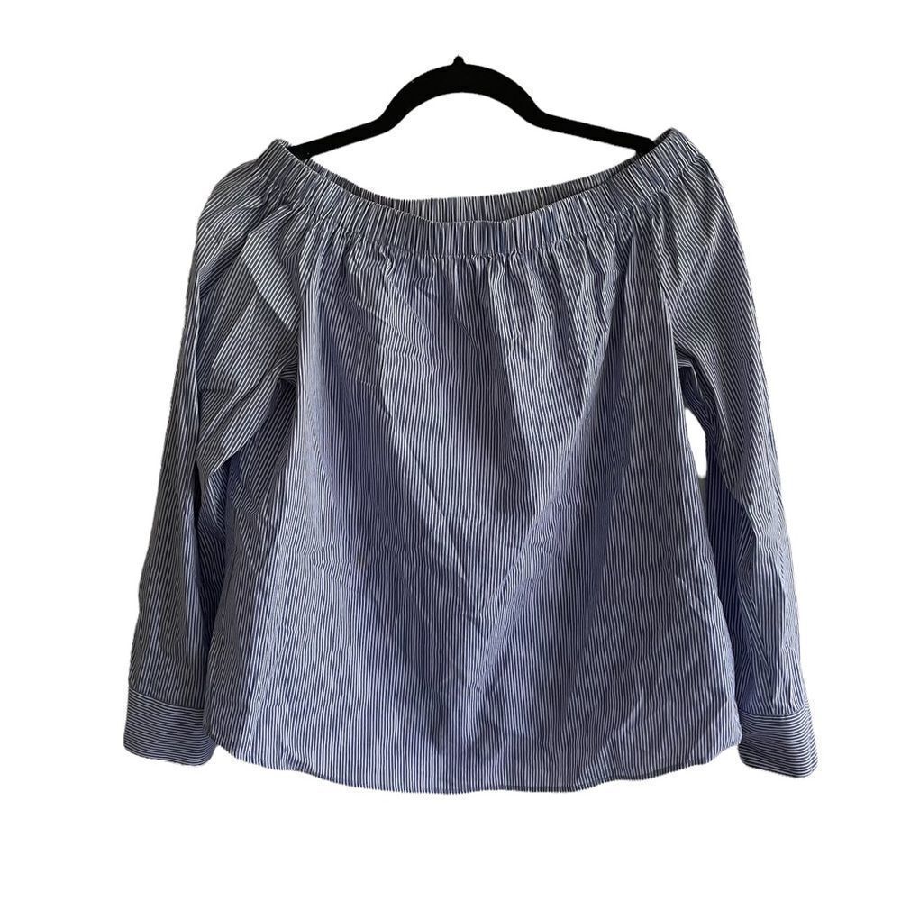 ZARA Blue White Striped Cotton Blend Off Shoulder Long Sleeve Blouse Top Shirt S